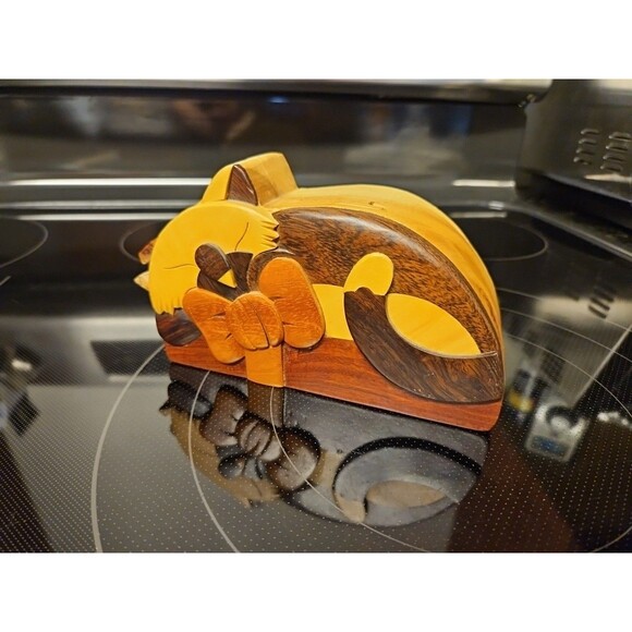 Carver Dan Wooden Sleeping Cat Puzzle Box Trinket Jewelry Box Hidden Compartment - Picture 7 of 7